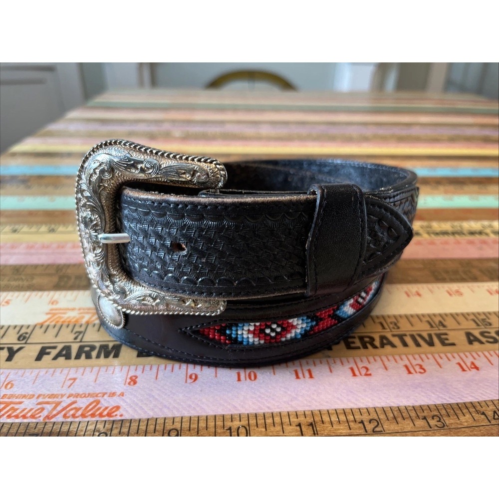 Nocona Indian Beadwork Black Hand Tooled Leather Silver Buckle Belt 42 Cowhide